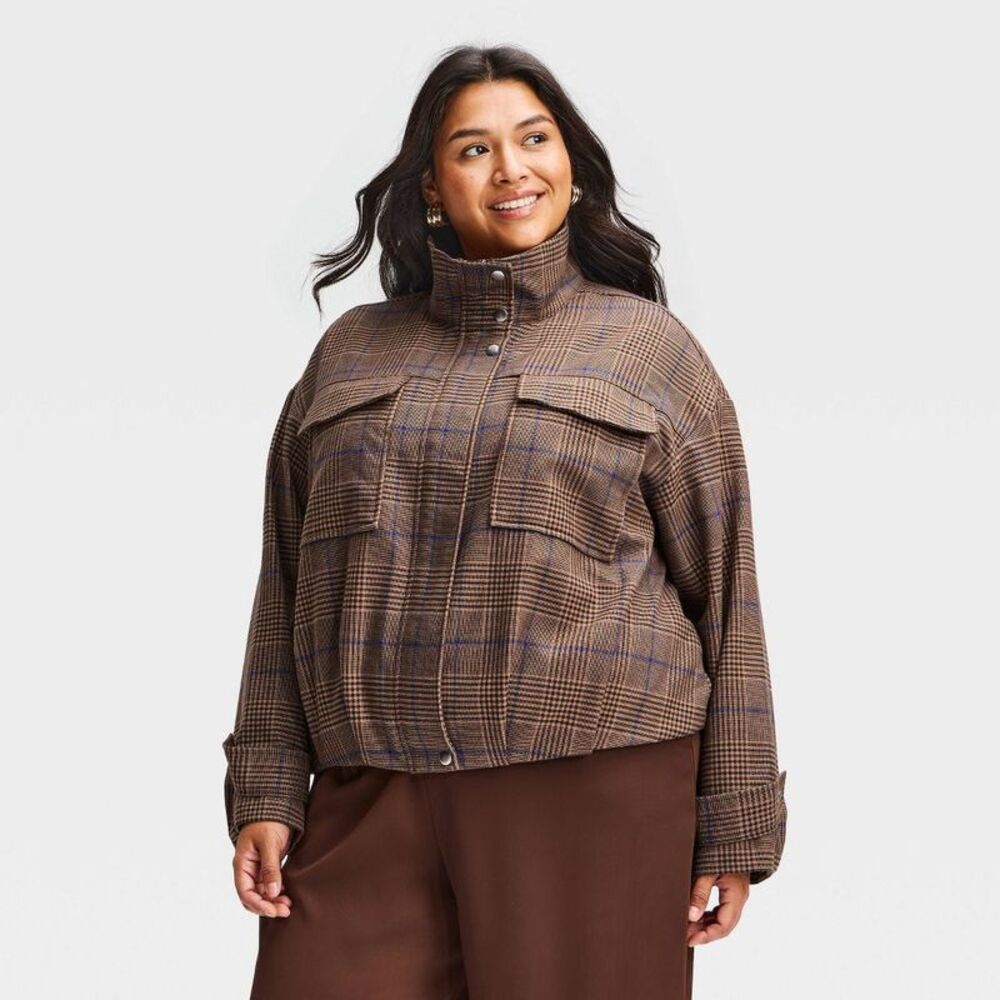 Women's Plaid Funnel Neck Field Jacket - A New Day Brown XXL